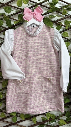 Vestido Luxo Tweed Rosa com Manga Tricoline