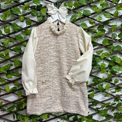Vestido Luxo Tweed Bege com Manga Tricoline