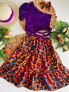 Conjunto Roxo Oncinha (Blusa + Saia + Laço de Cabelo)