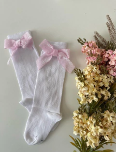 Meia Branca Laço Rosa Delicada Juli