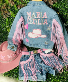 Conjunto com Nome Personalizado Jeans Boiadeira com Franja em Paetê e Apliques (Junino) - comprar online