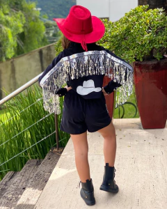 Conjunto Ana Castela Boiadeira Preto com Franja Paetê Prata (Camisa + Shorts + Laço de Cabelo) - loja online