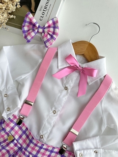 Conjunto Lívia (Camisa + Saia com Shorts + Suspensório (Acompanha Laço de Cabelo) - na internet