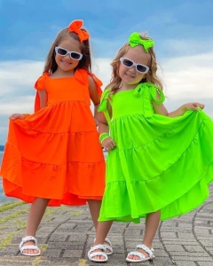 Vestido Laranja Neon Amarração no Ombro (Acompanha Laço de Cabelo)