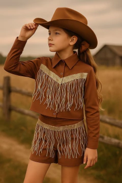 Conjunto Ana Castela Boiadeira Marrom com Franja Paetê Dourada (Camisa + Shorts + Laço de Cabelo) - comprar online