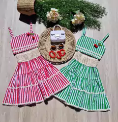 Conjunto Saia e Cropped Cereja Vermelho Listrado com Renda Cru Longo na internet