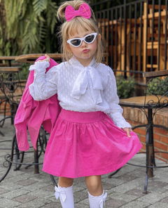 Conjunto 4 Peças Blazer e Short Pink Veludo Princesa + Camisa Chifon (Acompanha Laço de Cabelo) - Coisas de Dondoquinha