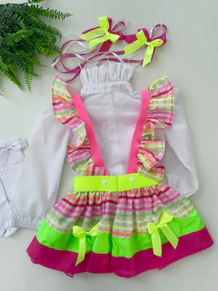 Conjunto Junino Neon (Salopete + Camisa + Laços de Cabelo) - comprar online