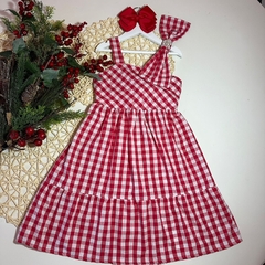 Vestido Tricoline Vichy Vermelho com Laço Bordado