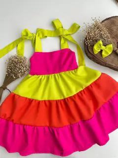 Vestido Cores Verão com Amarração no Ombro (Acompanha Laço de Cabelo)