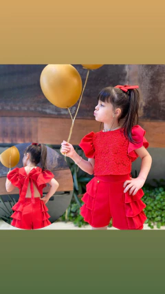 Conjunto Vermelho Linho com Renda Guipir (Acompanha Laço de Cabelo) - comprar online