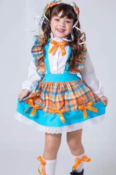 Conjunto Junino Xadrez Azul e Laranja (Salopete + Blusa + Tiara de Cabelo) - comprar online
