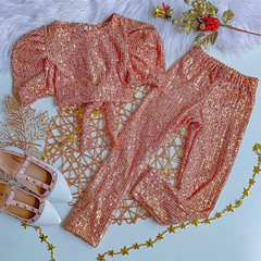 Conjunto Paetê Rose Gold (Cropped + Calça)