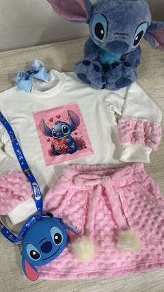 Conjunto Stitch Rosa Blusão + Saia com Shorts na internet