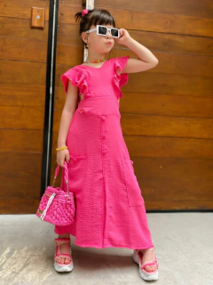 Vestido Pink Longo com Bolso (Acompanha Laço de Cabelo)