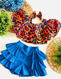 Conjunto Azul Colorido Oncinha Verão (Blusa + Short + Laço de Cabelo) MIA - Coisas de Dondoquinha