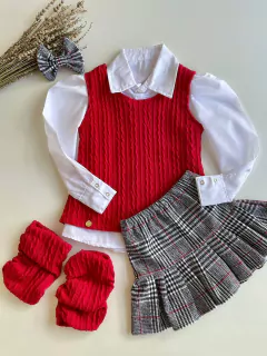 Conjunto 4 Peças - Blusa Vermelha Tricô + Camisa Branca + Saia Xadrez + Laço de Cabelo