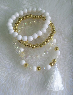 Kit 4 Pulseiras Brancas e Douradas Franja - comprar online