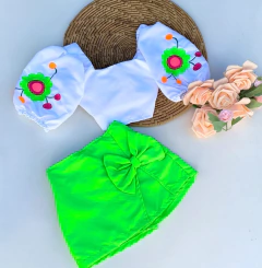 Conjunto Verde Neon Bordado (Short Saia + Blusa)