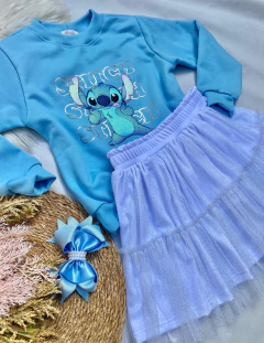 Conjunto Stitch Blusa Moletom Flanelado + Saia Tule Glitter com Shorts Embaixo na internet