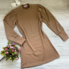 Vestido Malha Bordado com Pérolas Marrom