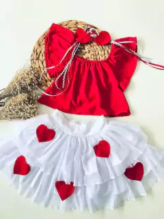 Conjunto Evelin (Blusa Ciganinha + Saia Coração + Laço de Cabelo) - comprar online