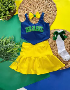 Conjunto BRASIL Copa do Mundo (Saia Short Amarela + Blusa Azul + Laço de Cabelo)