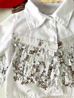 Camisa Ana Castela Boiadeira Branca com Franja Paetê Prata - comprar online