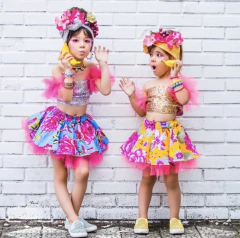 Conjunto Cropped Paetê Dourado e Saia Tule Floral Amarelo Fan - comprar online