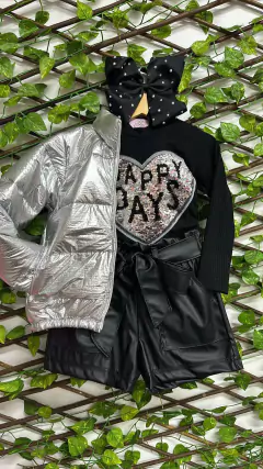 Conjunto Jaqueta Puffer Metalizada + Shorts Clochard Courinho + Blusa Canelada Franzida