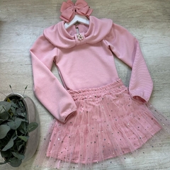 Conjunto Princess Rosa Blusa Gola Laço + Saia Tule Estrelinhas com Shorts - comprar online