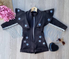 Macacão Ana Castela Boiadeira Preto com Estrela e Franja Prata - comprar online