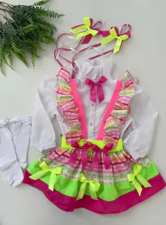 Conjunto Junino Neon (Salopete + Camisa + Laços de Cabelo)