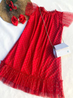 Vestido Vermelho Trapézio Tule Poá Prata na internet