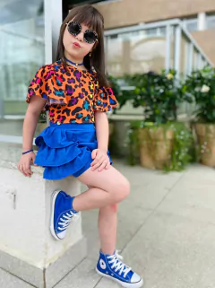 Conjunto Azul Colorido Oncinha Verão (Blusa + Short + Laço de Cabelo) MIA