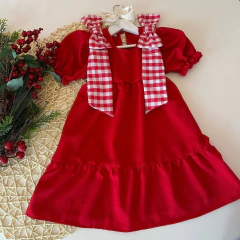 Vestido Vermelho em Crepe com Manga Princesa e Laços Vichy