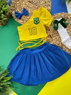 Conjunto BRASIL Copa do Mundo (Saia Short Azul + Cropped Amarelo + Laço de Cabelo) - comprar online