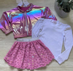 Conjunto 3 Peças Furta Cor (Jaqueta Metalizada + Saia com Shorts Coração + Blusa Manga Princesa) - comprar online