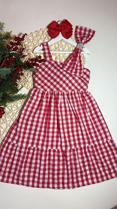 Vestido Tricoline Vichy Vermelho com Laço Bordado - comprar online