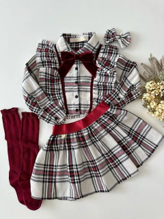 Conjunto Valentina Xadrez (Camisa + Saia + Laço de Cabelo) - Coisas de Dondoquinha