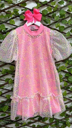 Vestido Canelado cpm Sobreposição Tule com Paetês