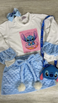 Conjunto Stitch Azul Blusão + Saia com Shorts na internet