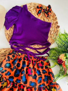 Conjunto Roxo Oncinha (Blusa + Saia + Laço de Cabelo) na internet