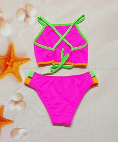 Biquini Rosa Neon com Faixas Verde e Laranja - comprar online