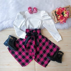 Conjunto Flanela Pink Xadrez (Blusa Branca Manga Longa + Saia) - comprar online