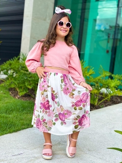 Conjunto Princess Midi Floral Rosa (Saia + Blusa)