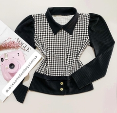 Blusa Preta Pied de Poule Manga Longa