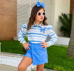 Conjunto Azul Jeans Listrado (Camisa + Short Saia + Laço de Cabelo) - comprar online