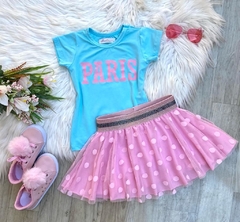 Conjunto Tshirt Azul Paris e Saia Godê Tule Poá Rosa