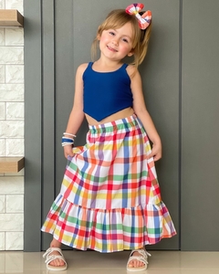 Conjunto Cropped Azul e Saia Xadrez (Acompanha Laço de Cabelo)